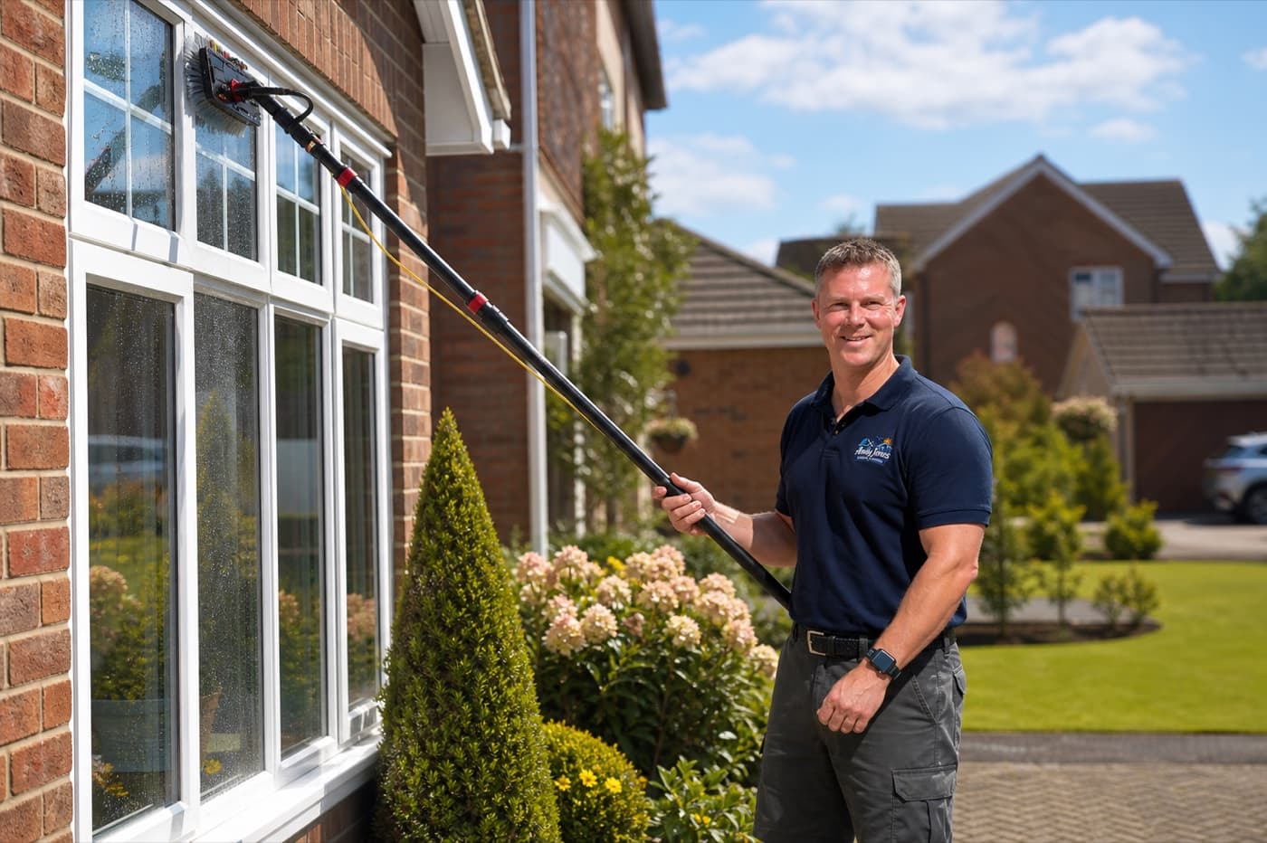 Andy Jones using a water-fed pole to clean the windows of a local home